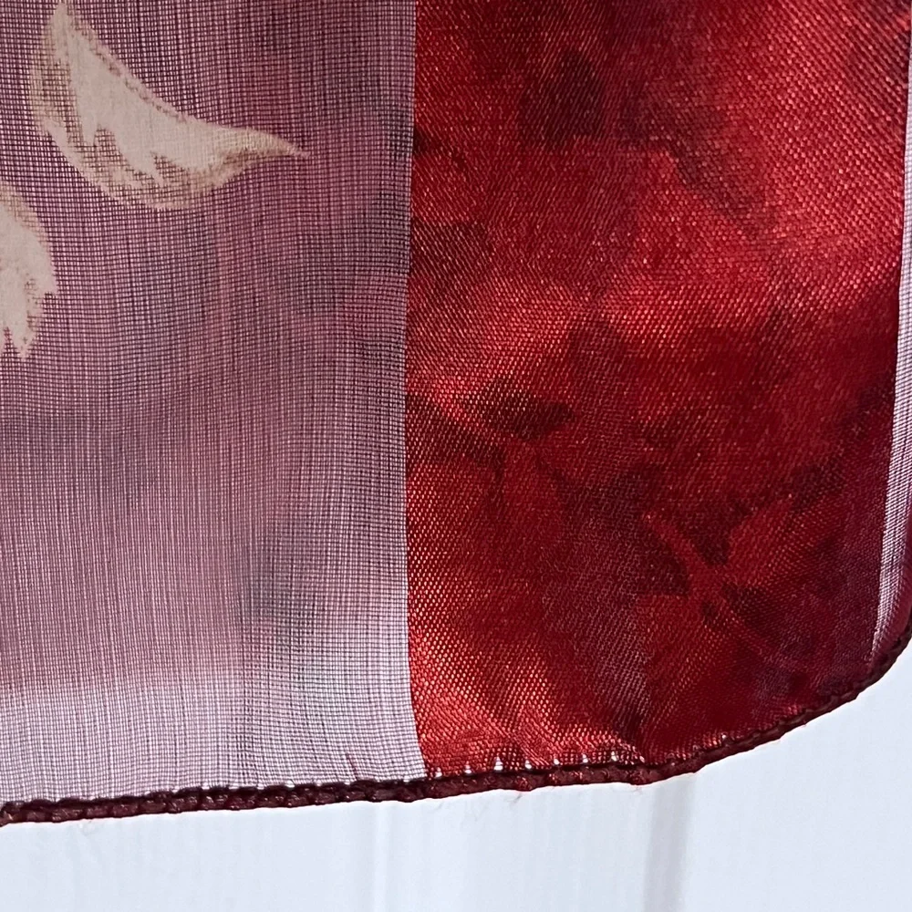 Vintage Sheer Floral Scarf Burgundy Rose Silky Striped Made in Korea 90s